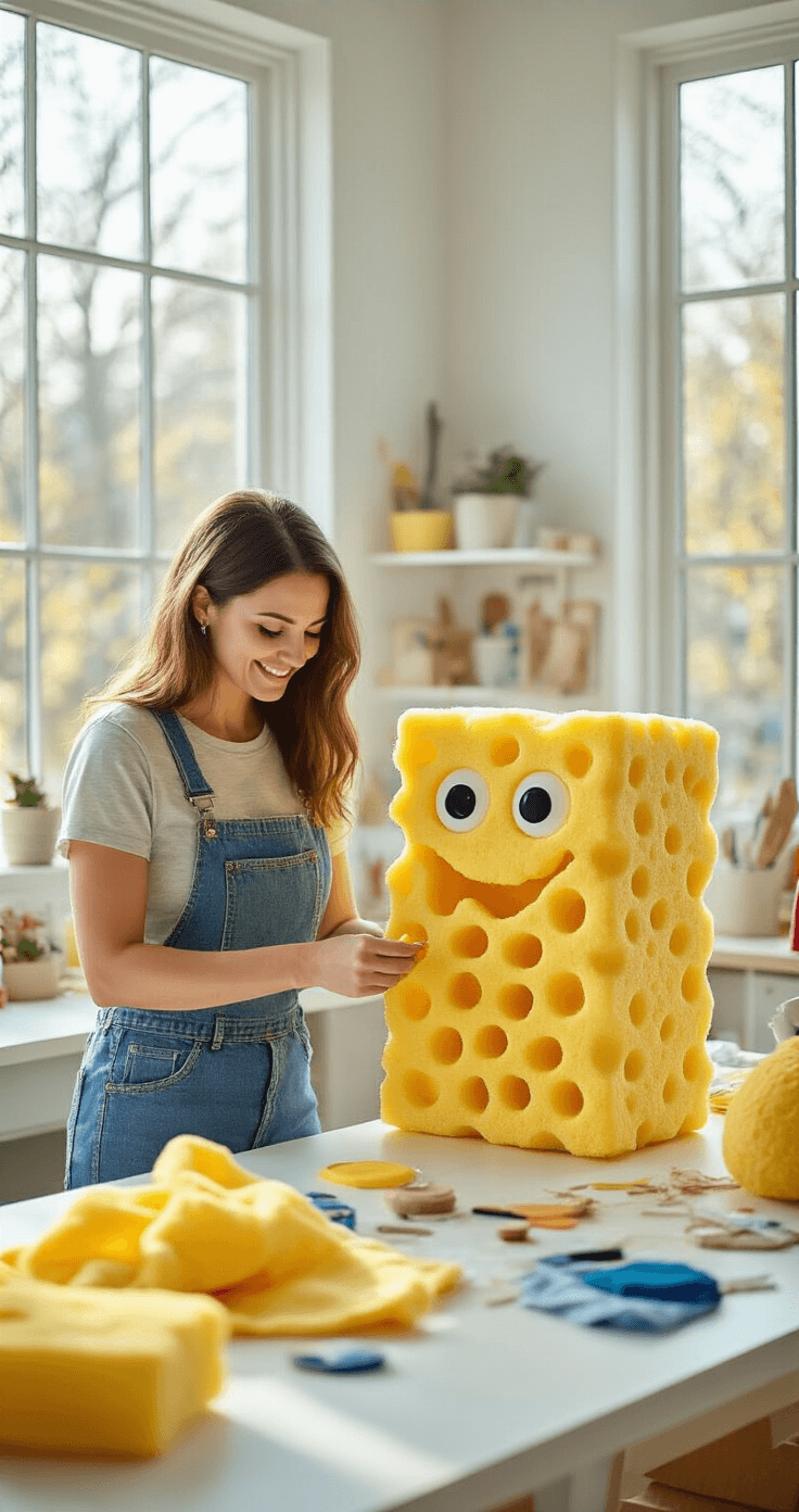 Trending Halloween Costume Ideas for 2025: Your Ultimate Guide to Epic Looks A woman assembles a Scrub Daddy sponge costume in a bright craft room, surrounded by yellow foam materials, fabric paint, and sewing supplies on a white table, illuminated by soft ambient lighting from large windows. She wears denim and a cotton t-shirt, creating a cheerful and inviting atmosphere filled with scattered craft materials.