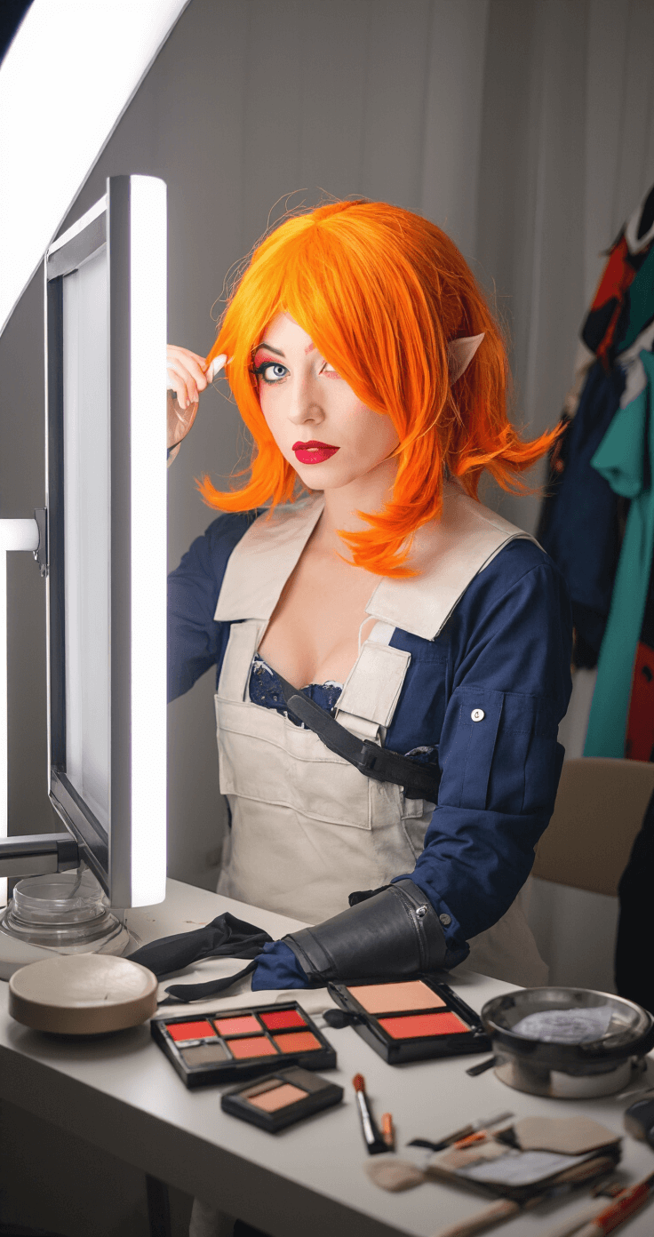 Starfire Cosplay: The Ultimate DIY Rocking This Iconic Teen Titans Look A professional cosplay photoshoot setup featuring a model adjusting an orange wig and applying bold makeup at an illuminated vanity mirror, with controlled soft box lighting eliminating harsh shadows. Costume pieces hang nearby, capturing the intimate preparation ritual and attention to detail in cosplay artistry.