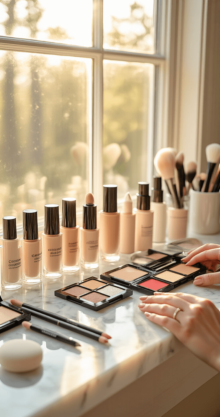 Yor Forger Cosplay Makeup: The Ultimate Anime Transformation Professional makeup artist's minimalist vanity featuring organized cosplay supplies, including foundation bottles, brow pencils, eyeshadow palettes, and more, illuminated by warm golden hour sunlight streaming through a window.