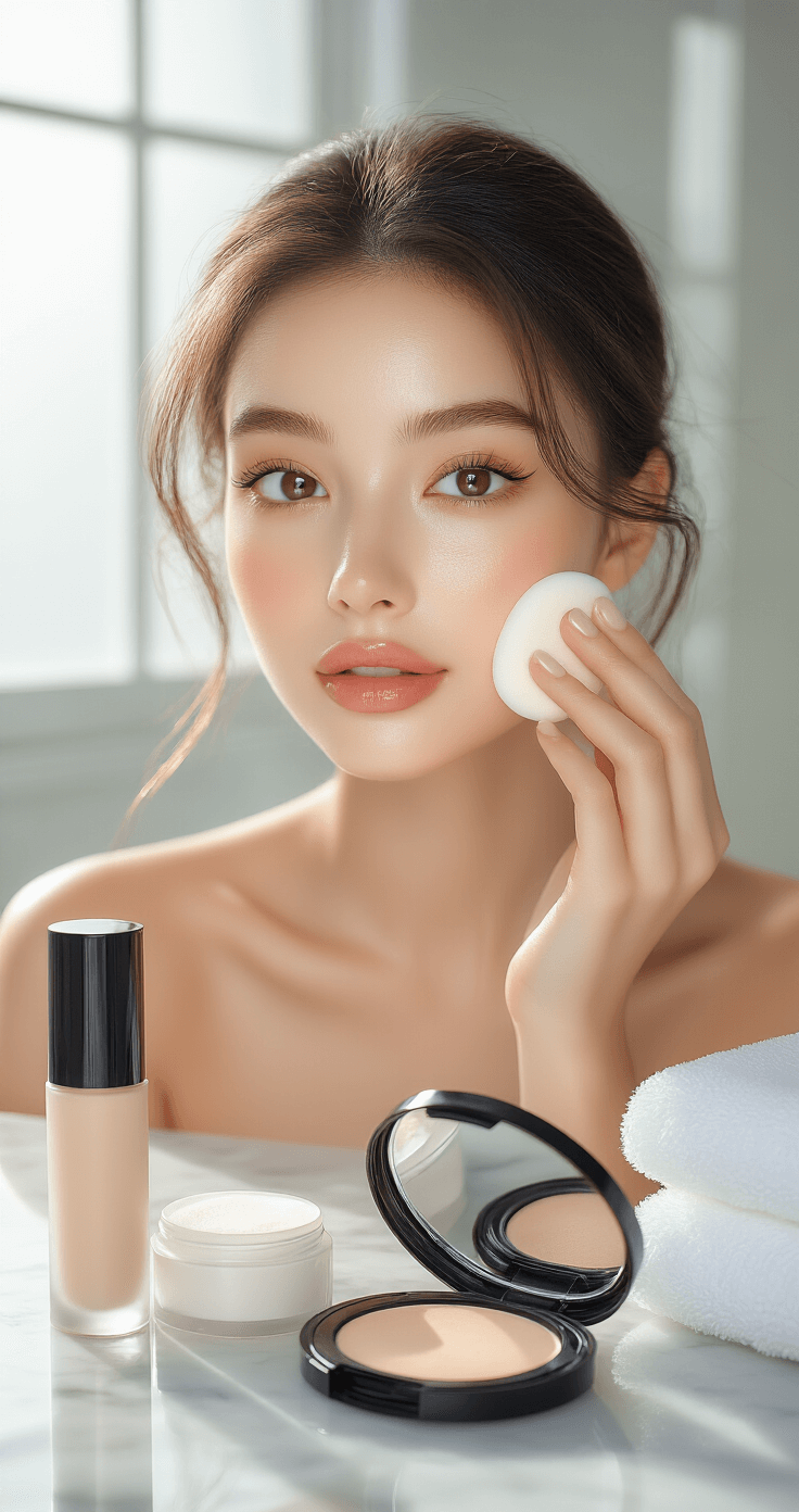 Yor Forger Cosplay Makeup: The Ultimate Anime Transformation Close-up of a model's face receiving base makeup application in a bright bathroom, with soft morning light illuminating her porcelain skin, while a beauty sponge applies matte foundation. Concealer tubes and a translucent powder compact are on the marble countertop, alongside neatly folded white towels and a professional ring light reflecting in the mirror.