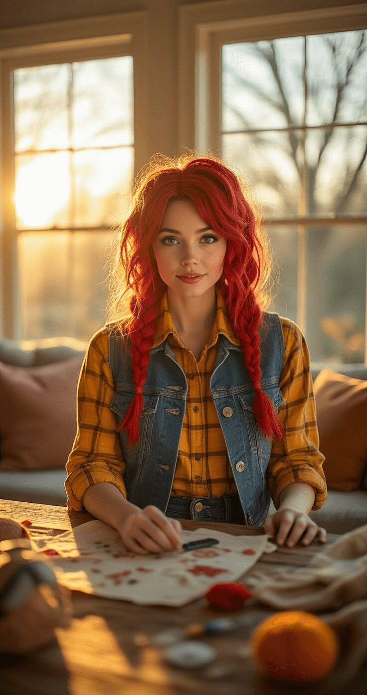 Family Halloween Costume Ideas: Creativity Meets Fun! A stylish mom in a chic DIY Jessie costume, featuring a denim vest and a yellow plaid shirt, sits in a modern living room during golden hour, with warm natural light streaming through large windows and scattered costume-making supplies on a rustic wooden table, creating a cozy and creative atmosphere.