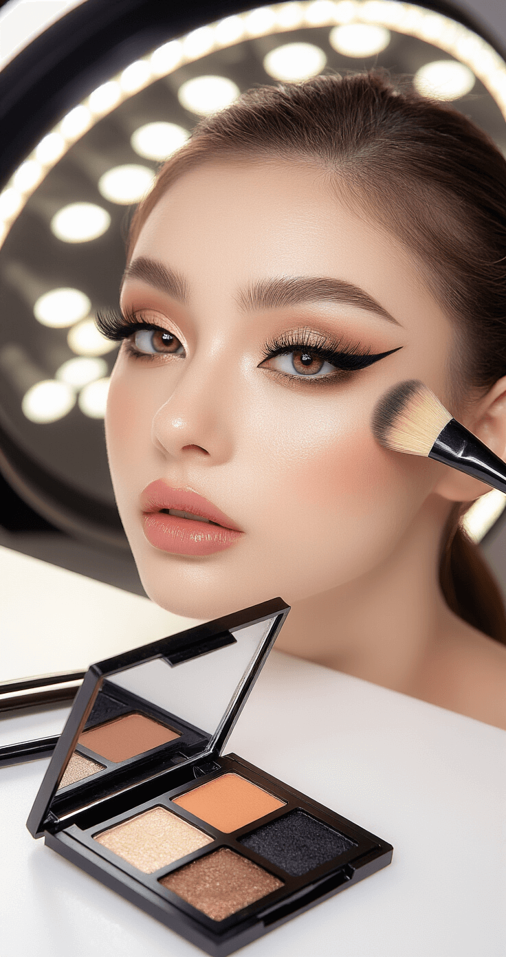 Yor Forger Cosplay Makeup: The Ultimate Anime Transformation Macro shot of anime-inspired eye makeup transformation, featuring precise cut crease technique with light brown and black eyeshadows, dramatic false lashes, and black winged eyeliner in a chic makeup studio illuminated by bright LED panels.