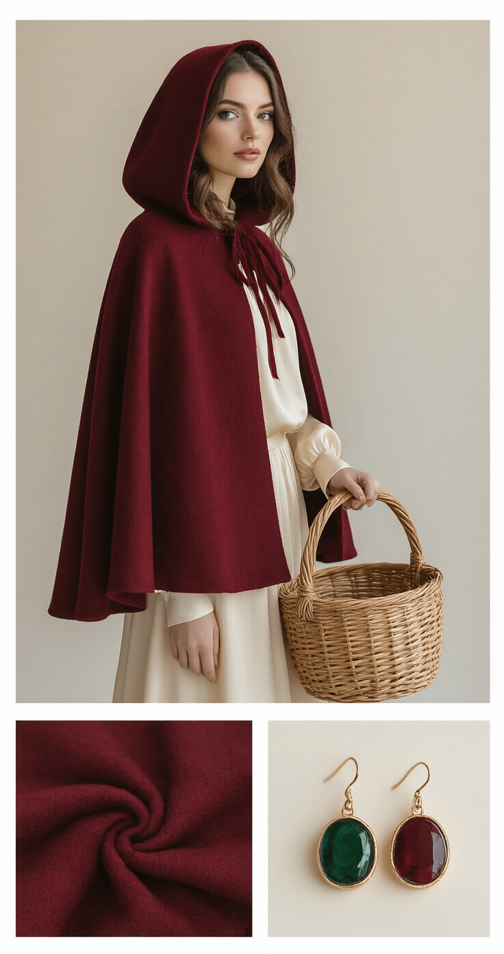 Family Halloween Costume Ideas: Creativity Meets Fun! Fashion-forward family portrait in a minimalist studio featuring a mother in a luxe burgundy wool Little Red Riding Hood cape, cream silk blouse, and a woven basket. Soft diffused lighting highlights the rich jewel tones against a neutral backdrop.