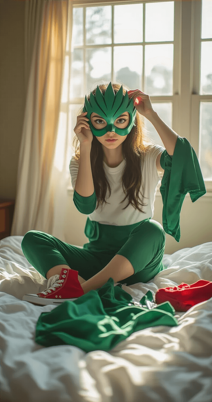 My Hero Academia Cosplay: The Ultimate Guide to Bringing Your Favorite Heroes to Life A young woman in casual loungewear organizes MHA cosplay pieces on her unmade bed, with natural sunlight illuminating the scene. She holds up Deku's iconic mask, surrounded by green hero costume fabric and red sneakers on white cotton sheets. The soft morning light casts gentle shadows, emphasizing her focused expression and the vibrant details of the costume.