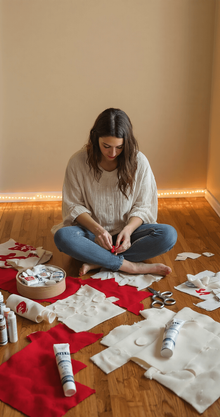 My Hero Academia Cosplay: The Ultimate Guide to Bringing Your Favorite Heroes to Life A cozy craft room features a woman sitting cross-legged on a hardwood floor, surrounded by colorful crafting materials, including foam, fabric paint tubes, and half-finished Todoroki costume pieces, with red and white fabric swatches contrasting against beige walls. Warm LED lighting enhances the textures and details of her work.