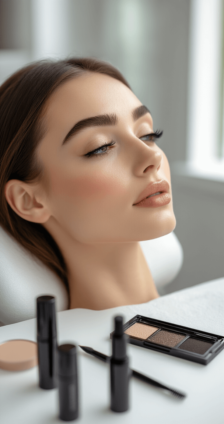 Yor Forger Cosplay Makeup: The Ultimate Anime Transformation A makeup artist styles a model's eyebrows in a modern beauty salon, using a black brow pencil for precise angular brows, with brow gel and tools arranged neatly on a white surface, captured in soft natural light from a window.