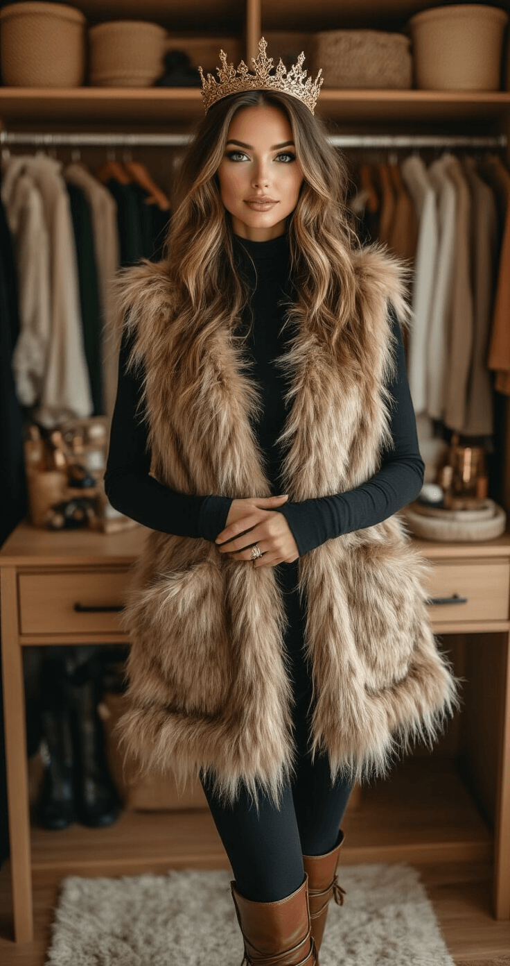 Family Halloween Costume Ideas: Creativity Meets Fun! A trendy mom in a spacious walk-in closet showcases a Wild Things costume, featuring a textured faux fur vest over a fitted black bodysuit, complemented by leather boots. A crown headpiece rests on the vanity, with an organized wardrobe of earthy browns and forest greens visible in the background. The golden afternoon light emphasizes the fabric textures and layered accessories in this close-up detail shot.