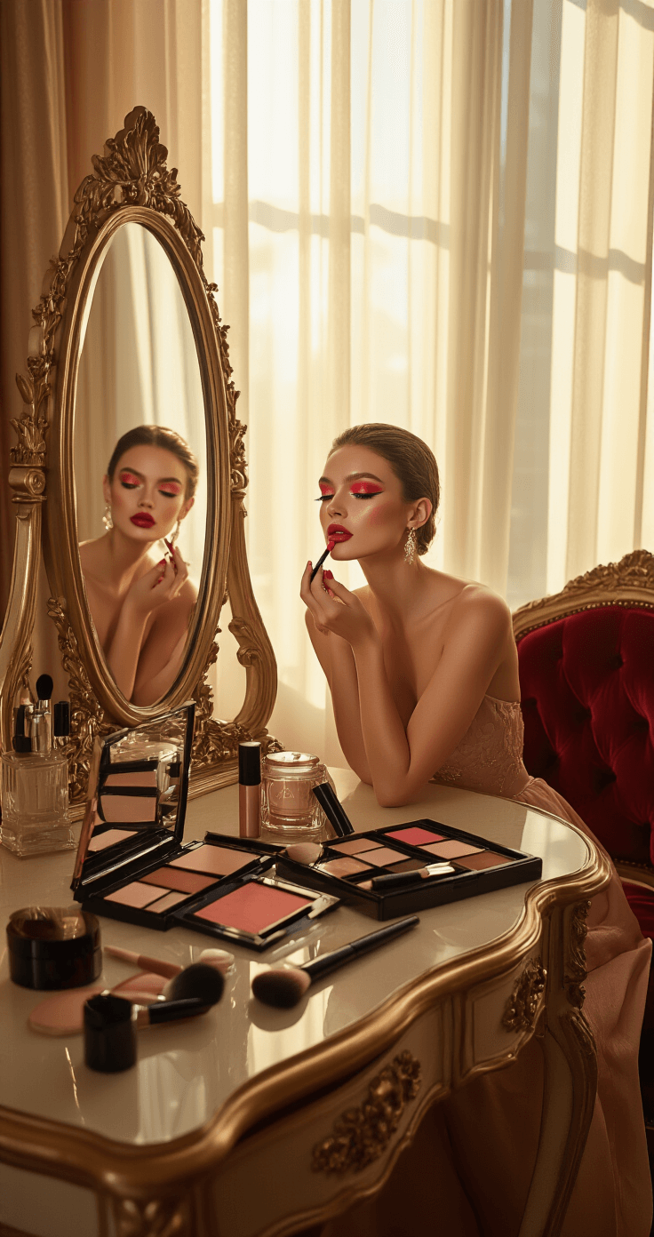 Yor Forger Cosplay Makeup: The Ultimate Anime Transformation Model applying nude lipstick in an elegant dressing room, with warm afternoon light filtering through sheer curtains, red contact lenses accentuating her eyes, surrounded by a contour palette, soft blush compact, and makeup brushes on a vintage vanity table, while an ornate mirror reflects the transformation process.