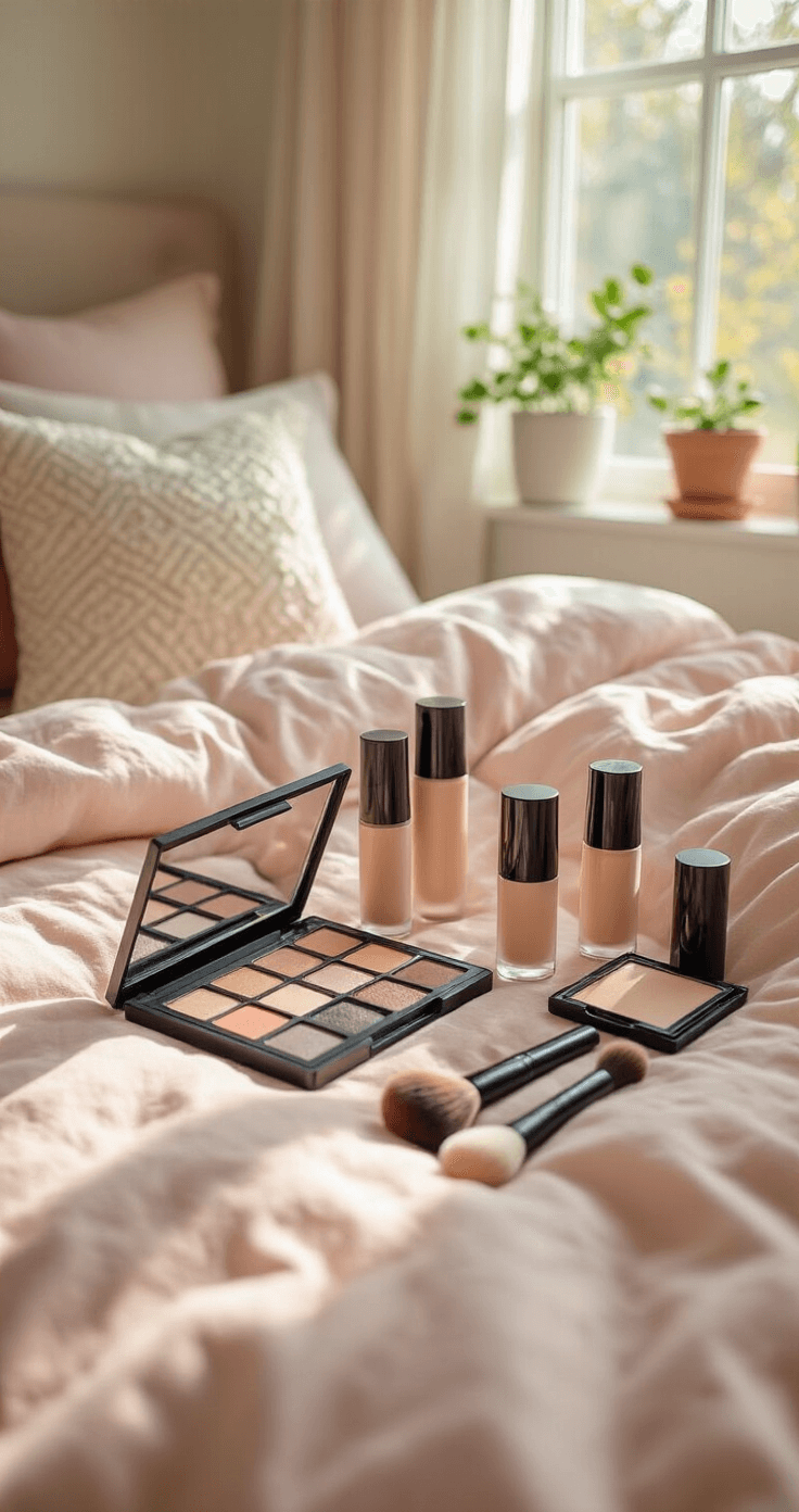 Yor Forger Cosplay Makeup: The Ultimate Anime Transformation Aerial view of a cozy bedroom featuring a budget-friendly makeup collection on soft pastel bedding. The setup includes affordable eyeshadow palettes, drugstore foundation bottles, and makeup brush sets under $100, arranged aesthetically among soft cotton sheets and decorative pillows, with natural morning sunlight streaming in and small potted plants on the windowsill.