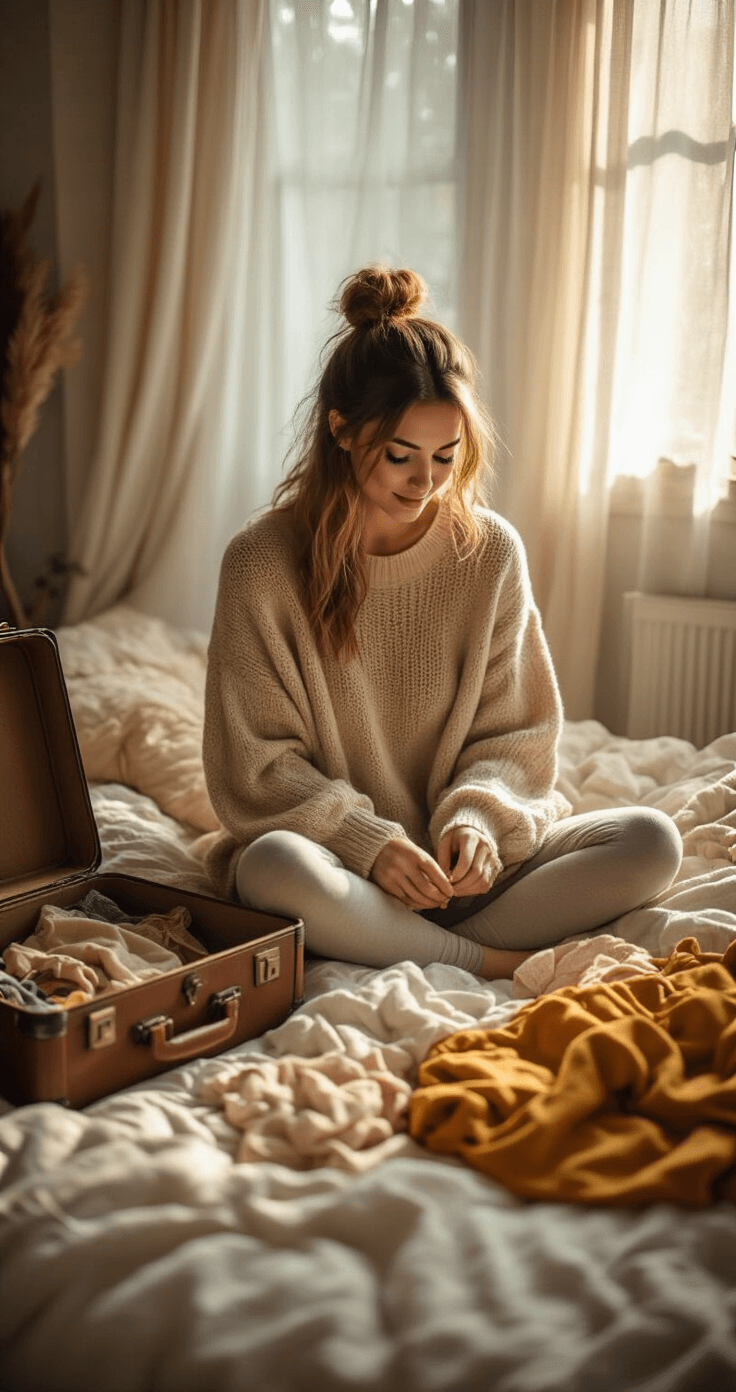 Family Halloween Costume Ideas: Creativity Meets Fun! A cozy bedroom scene depicting a fashionable mom in an oversized knit sweater and leggings, working on a budget-friendly costume. Soft morning light filters through sheer curtains, illuminating thrift store finds arranged on a plush bed. A vintage suitcase is opened, revealing costume pieces, all set in a warm atmosphere with pastel tones accented by mustard yellow. The image is captured from an intimate overhead angle.