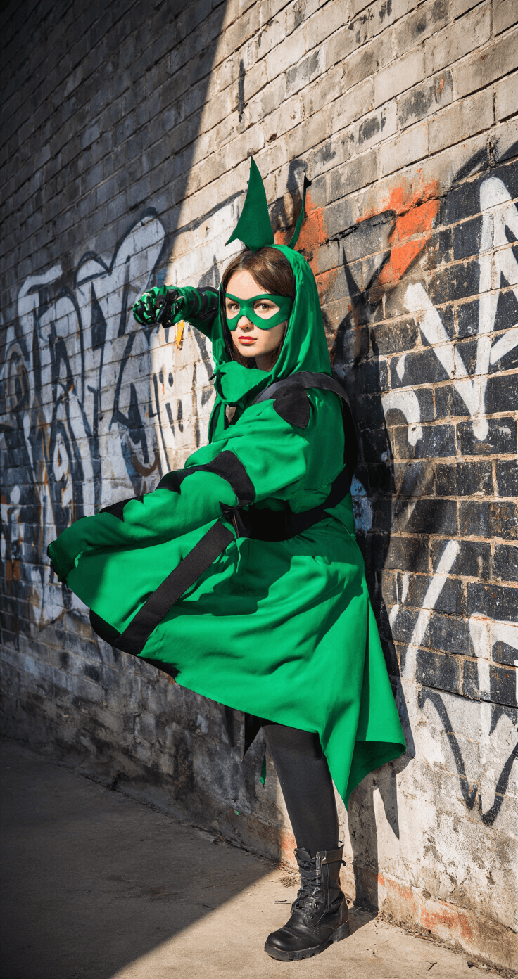 My Hero Academia Cosplay: The Ultimate Guide to Bringing Your Favorite Heroes to Life A woman in a vibrant green Deku hero costume strikes a dynamic pose in a graffiti-covered concrete alley, with afternoon shadows casting dramatic effects. A professional DSLR on a tripod is visible, capturing the behind-the-scenes energy of the cosplay photoshoot.