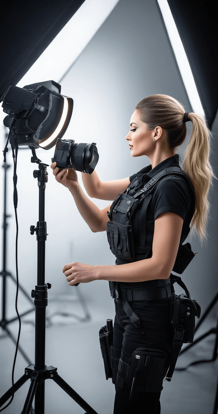 Family Halloween Costume Ideas: Creativity Meets Fun! A professional photographer mom in a modern studio, dressed in an all-black outfit with a utility belt, adjusts a ring light while surrounded by neatly arranged camera equipment. The setting features a monochrome palette with silver accents and dramatic side lighting, capturing a behind-the-scenes moment of family costume photography.