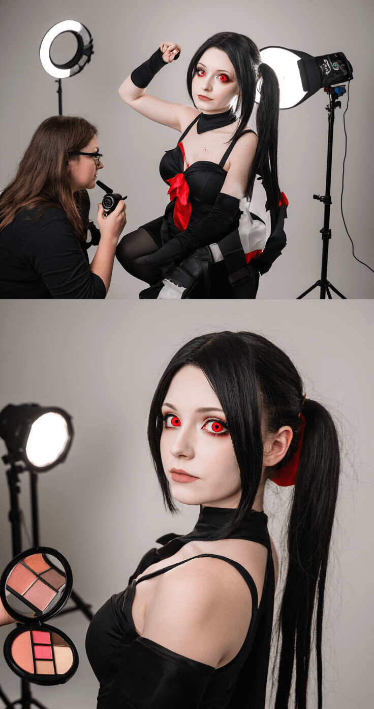 Yor Forger Cosplay Makeup: The Ultimate Anime Transformation A model dressed as Yor Forger poses confidently in a modern studio, showcasing flawless anime-inspired makeup and striking red contact lenses, while a photographer captures the scene with ring lights and camera equipment in the backdrop. A makeup artist is seen making final adjustments, all under dramatic yet natural lighting.