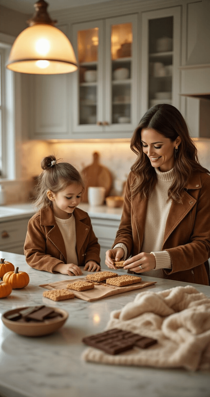 Family Halloween Costume Ideas: Creativity Meets Fun! A family prepares for s'mores in a modern kitchen, featuring a mother in a brown suede jacket and cream cashmere top, with costume pieces arranged on a marble countertop under warm pendant lighting, highlighting a stylish autumn atmosphere with rich chocolate and cream colors.