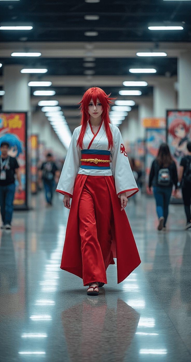 My Hero Academia Cosplay: The Ultimate Guide to Bringing Your Favorite Heroes to Life A woman in detailed Todoroki cosplay confidently walks through a bright convention center hallway, with polished floors reflecting fluorescent lights and colorful anime posters lining the walls. The vibrant red and white costume flows with her movement, while other cosplayers blur in the background, capturing the dynamic atmosphere of the convention.