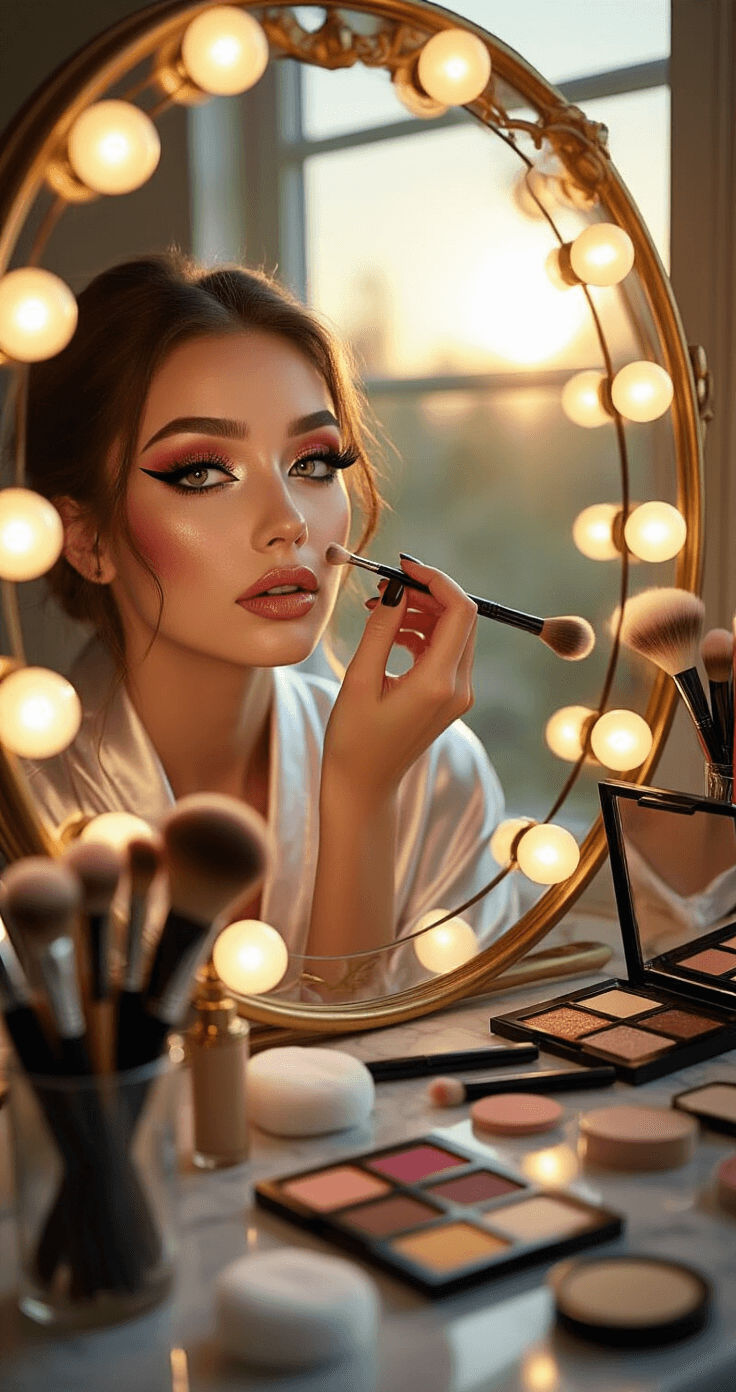 Cosplay Makeup Looks: Your Ultimate Transformation Guide Close-up of a woman in a silk robe applying anime-inspired makeup at a bright vanity, with golden hour light highlighting colorful makeup tools and a transformation atmosphere.