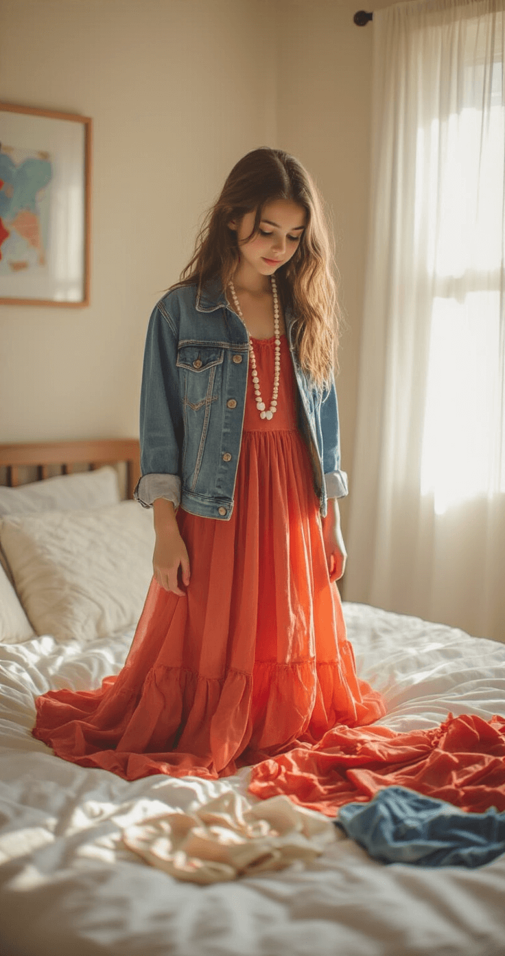 Trending Girl Halloween Costumes in 2025: Your Ultimate Style A teenage girl in a spacious bedroom, trying on a modern princess costume with a layered Lilo-inspired red dress and denim jacket, while accessorizing with a coral shell necklace and canvas sneakers. Afternoon sunlight filters through sheer curtains, illuminating scattered costume pieces on white bedding. The overhead angle captures the authentic styling process in a warm, inviting atmosphere with soft natural lighting.