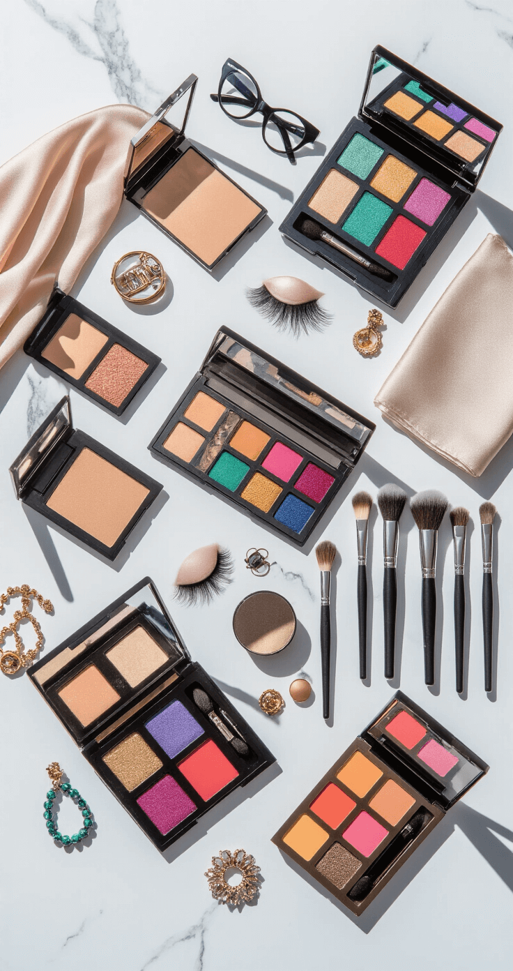 Cosplay Makeup Looks: Your Ultimate Transformation Guide Overhead view of a neatly arranged cosplay makeup collection on a white marble surface, featuring foundation sets, false lashes, eyeshadow palettes, and brushes, complemented by silk scarves and jewelry, all under natural midday lighting.