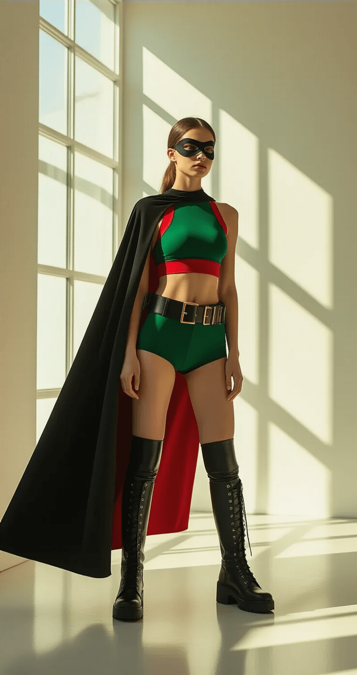 Ultimate Robin Cosplay: Transform into DC's Legendary Superhero A young woman in a fitted emerald green crop top with red accents and a black cape poses in a modern studio, illuminated by golden hour light. She wears a black leather utility belt and knee-high combat boots, adjusting her cape as soft shadows accentuate the textures of her athletic-inspired outfit against white walls.