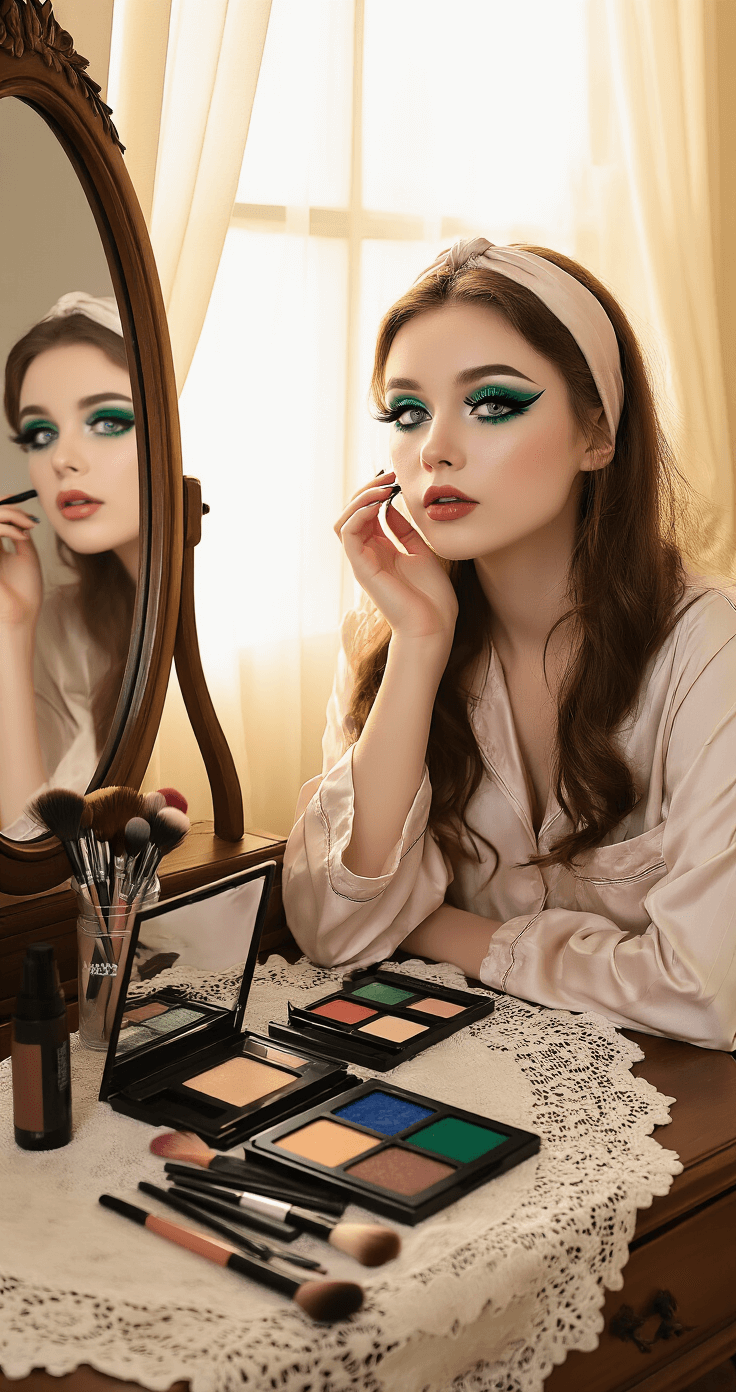 Cosplay Makeup Looks: Your Ultimate Transformation Guide A woman in cozy pajamas applies bold anime-style makeup at an antique vanity, with soft ambient light illuminating vintage decor. Multiple eyeshadow palettes, brushes, and beauty products are scattered on a lace doily, reflecting a warm atmosphere of self-care and transformation.