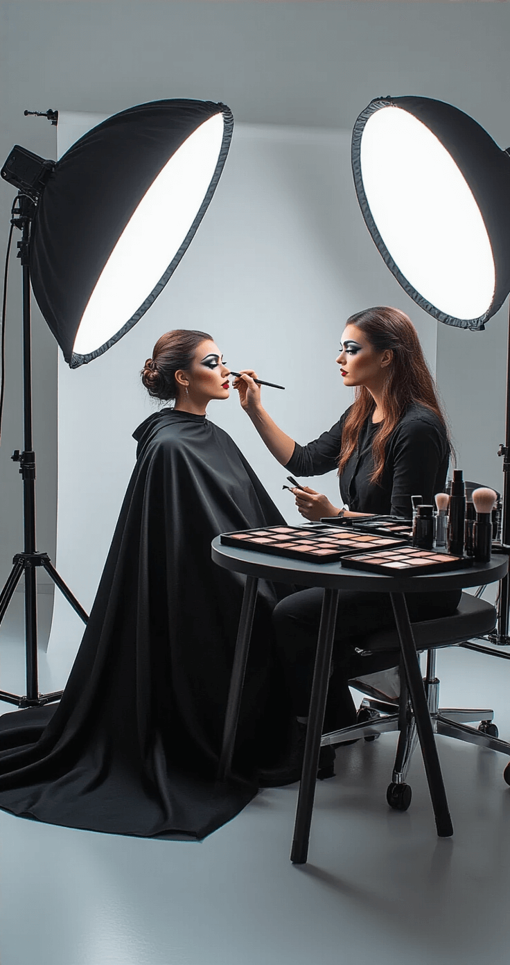 Cosplay Makeup Looks: Your Ultimate Transformation Guide A woman in a black cape receives cosplay makeup in a professional studio, illuminated by bright ring lighting. A makeup artist uses professional brushes for dramatic contouring among high-end makeup supplies, with a clean white backdrop and modern chair enhancing the sophisticated atmosphere.