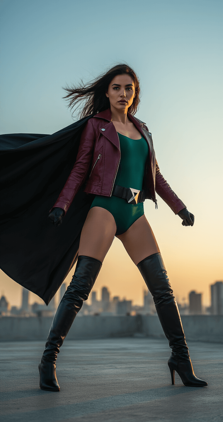 Ultimate Robin Cosplay: Transform into DC's Legendary Superhero A dynamic model poses on an urban rooftop during golden hour, wearing a burgundy leather jacket over an emerald green bodysuit, accessorized with a geometric black utility belt and thigh-high boots. Her flowing black cape billows in the breeze as she strikes an action pose, set against a dramatic cityscape backdrop. The shot, taken from a low angle, highlights the movement and textures of her outfit.