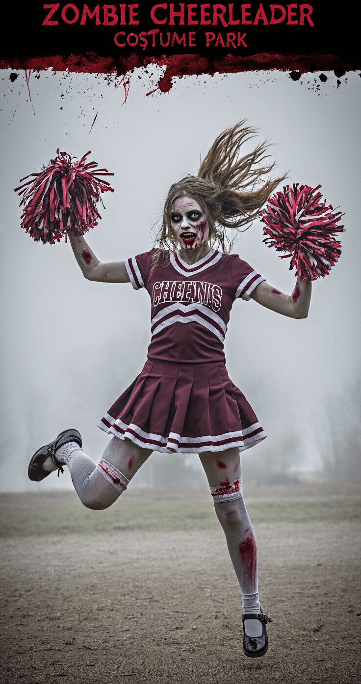 Trending Girl Halloween Costumes in 2025: Your Ultimate Style A zombie cheerleader in a distressed uniform strikes a dynamic mid-cheer pose in a park setting, showcasing strategic tears and fake blood effects. She carries pompoms and wears knee-high socks with patent leather mary jane shoes, all in school colors with grey undertones, under overcast natural lighting. Her windswept hair adds to the edgy Halloween aesthetic.