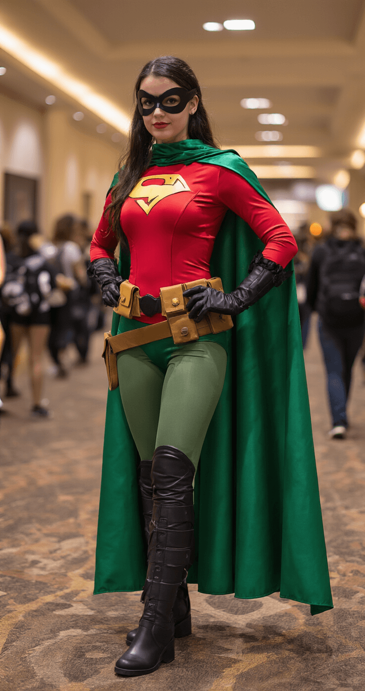 Ultimate Robin Cosplay: Transform into DC's Legendary Superhero A confident cosplayer poses in a trendy convention center hallway, showcasing her red and green superhero costume with intricate details, including a hand-crafted utility belt, tailored cape, and black mask, surrounded by other cosplayers.