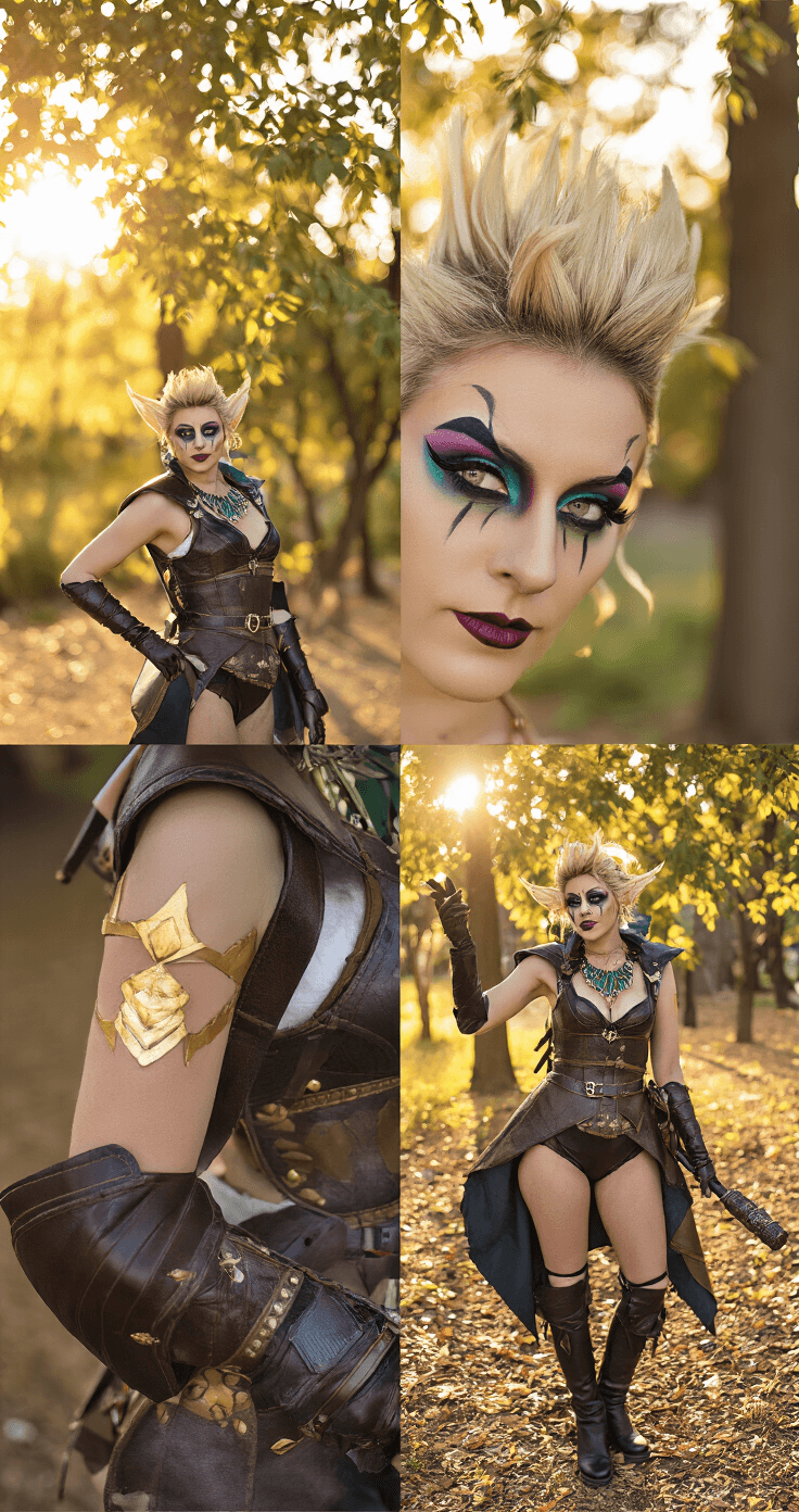 Cosplay Makeup Looks: Your Ultimate Transformation Guide Model in character cosplay during a golden hour outdoor photoshoot, featuring dramatic makeup and costume accessories, captured in dappled sunlight.