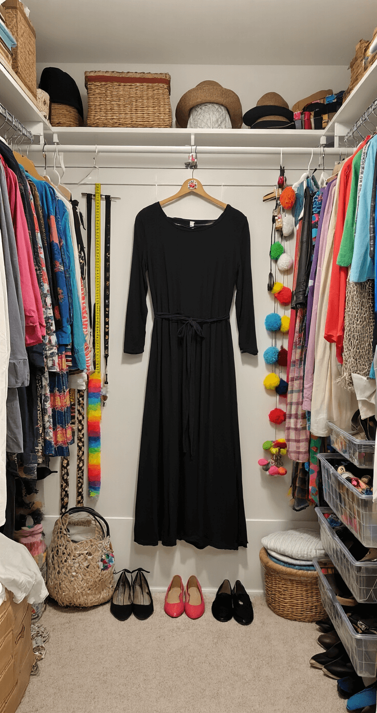 Trending Girl Halloween Costumes in 2025: Your Ultimate Style A well-organized walk-in closet bathed in morning natural light, showcasing a systematic arrangement of DIY costume pieces including a basic black dress, colorful accessories, headbands, belts, and shoes sorted by color. Measuring tape and craft supplies are visible, highlighting a creative, practical styling preparation atmosphere with a rainbow color organization system.