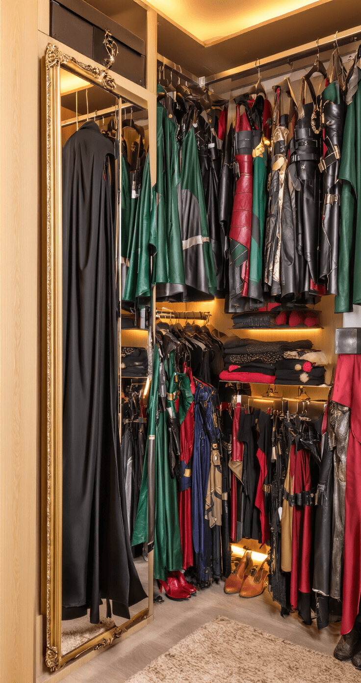 Ultimate Robin Cosplay: Transform into DC's Legendary Superhero A luxurious walk-in closet at dusk, featuring a meticulously organized superhero-inspired wardrobe with various cape styles, utility belts in leather, and color-coordinated costumes. Warm accent lighting highlights the scene, while a full-length mirror shows someone selecting delicate jewelry and comfortable footwear among the elaborate outfits.