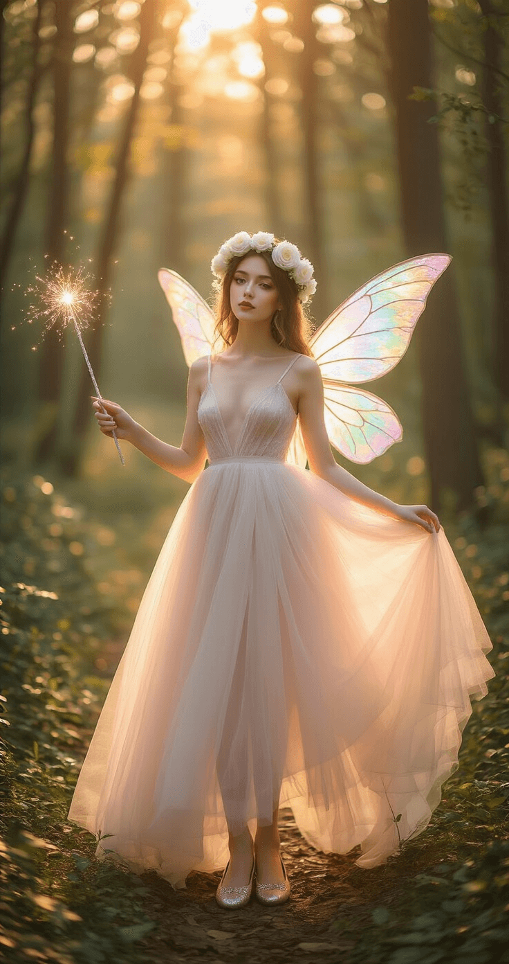 Magical Fairy Halloween Costumes: Your Ultimate Guide to Enchanting Looks A young woman in a pastel tulle dress with iridescent wings stands in a sunlit forest clearing, adorned with a flower crown and holding a glittery wand, evoking a magical atmosphere.
