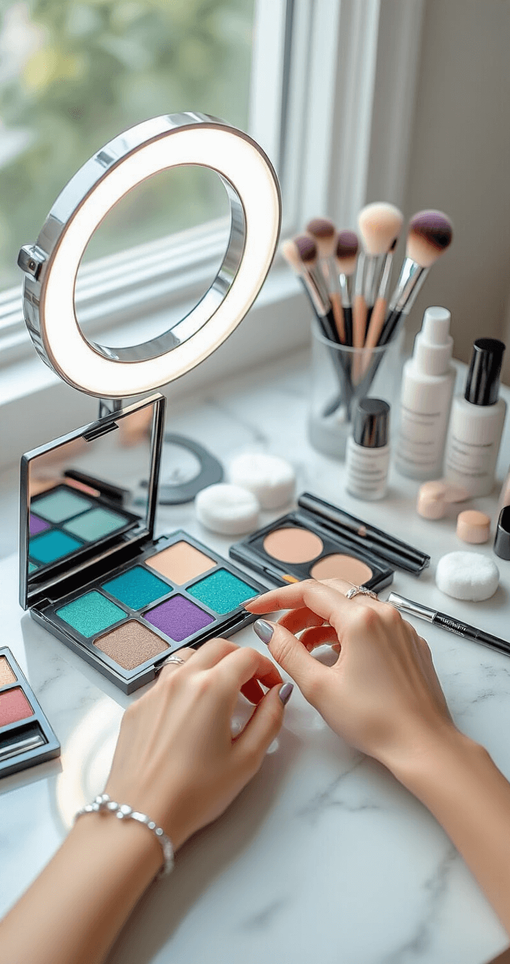 Bright modern vanity scene featuring a well-organized makeup collection, including colorful eyeshadow palettes and eyeliners, illuminated by a ring light and natural daylight. A model's hands delicately arrange cosmetic tools on a white marble surface, surrounded by cotton pads, brushes, and setting sprays, all captured in a DSLR shot from above.