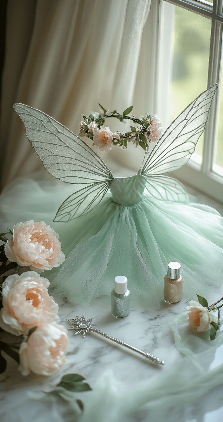 Magical Fairy Halloween Costumes: Your Ultimate Guide to Enchanting Looks Close-up flat lay of essential fairy costume pieces on a white marble surface, featuring a mint green tulle dress, shimmering wings, a flower crown with silk peonies, pointed elf ears, a silver wand with a crystal tip, and bottles of body glitter, all illuminated by soft window light.