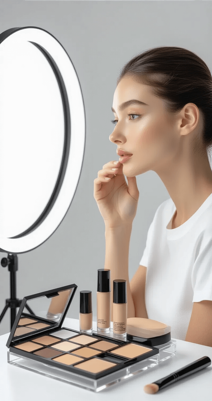 Minimalist beauty setup featuring a model applying foundation and concealer against a clean white backdrop, illuminated by ring lighting. The model, dressed in a white cotton top, has her hair pulled back with a silk scrunchie. An acrylic organizer holds various makeup products, with a close-up capturing her flawless skin preparation at eye level.