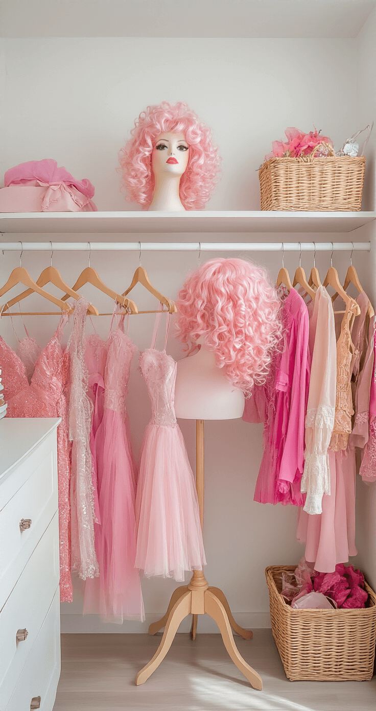 A bright morning light illuminates a minimalist walk-in closet where a fashion enthusiast organizes pink costume pieces on wooden hangers. A curly pink synthetic wig sits on a mannequin head, surrounded by garments in various shades of rose and fuchsia, along with party props stored in wicker baskets, all against clean white walls.