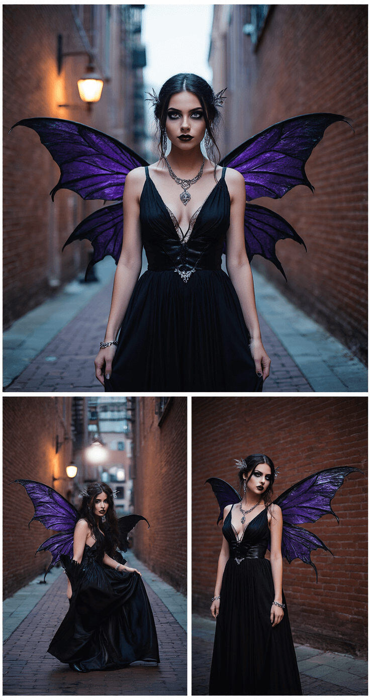 Magical Fairy Halloween Costumes: Your Ultimate Guide to Enchanting Looks A gothic fairy photoshoot featuring a model in a black flowing dress with metallic silver accents and dark wings with purple iridescence, posed in an urban alley at dusk under dramatic streetlamp lighting, with moody shadows and highlights against a brick wall backdrop.
