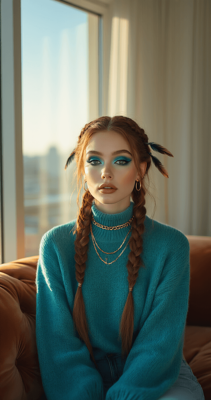 A model in a teal cotton sweater showcases a completed Venti-inspired makeup look, sitting on a modern velvet sofa in a stylish living room with floor-to-ceiling windows. Afternoon sunlight casts dramatic shadows, highlighting her delicate layered necklaces and small hoop earrings. Her wig is styled in characteristic braids with feather accessories, and she strikes a relaxed pose with a natural expression, captured in soft depth of field by a DSLR portrait lens.