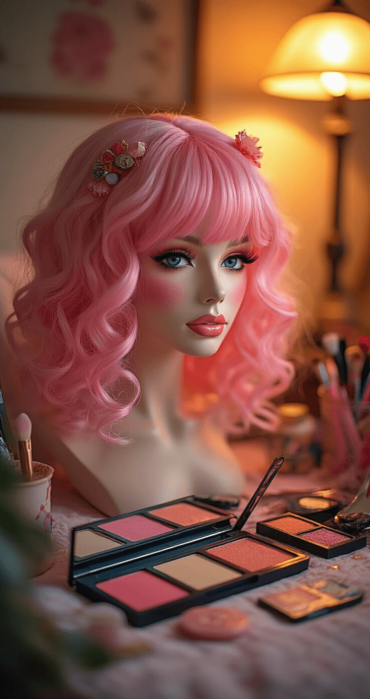 Close-up of a cozy bedroom vanity during golden hour, featuring a bright pink curly wig on a stand, a colorful makeup palette, rosy blush compacts, and party-themed hair accessories, all illuminated by warm lamp lighting to enhance the intimate atmosphere and showcase the textures of the cosmetics.