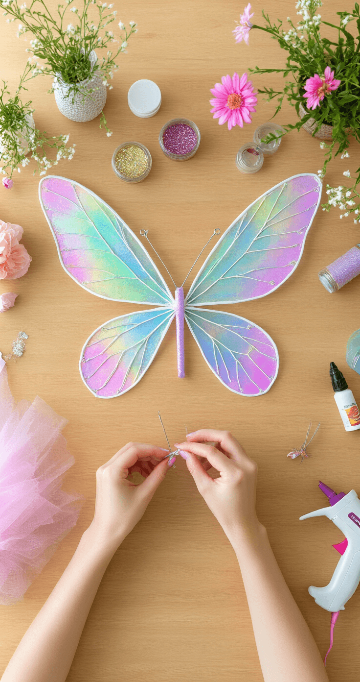 Magical Fairy Halloween Costumes: Your Ultimate Guide to Enchanting Looks A bright craft room with hands creating handmade wings from wire and pantyhose, surrounded by crafting supplies like tulle, flower stems, and glitter on a wooden table, captured in natural daylight.