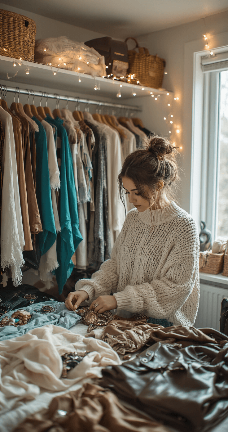 Cozy bedroom scene featuring a model in a knit sweater and jeans, organizing a cosplay wardrobe in a walk-in closet. Soft ambient lighting from fairy lights illuminates the space as clothes in teal and white, along with leather accessories and costume pieces, are laid out systematically. The model, hair styled in a messy bun with small braids, sorts through silk scarves and character-inspired jewelry, captured from a side angle that highlights the organized styling process.