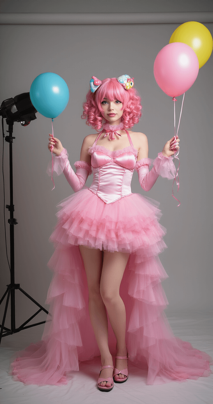 Spacious photography studio showcasing a full-body fashion shoot with a model in a complete pink cosplay outfit, including a teased curly pink wig and a layered pink tulle and satin dress, surrounded by colorful party accessories and playful balloon props, all illuminated by soft diffused lighting.