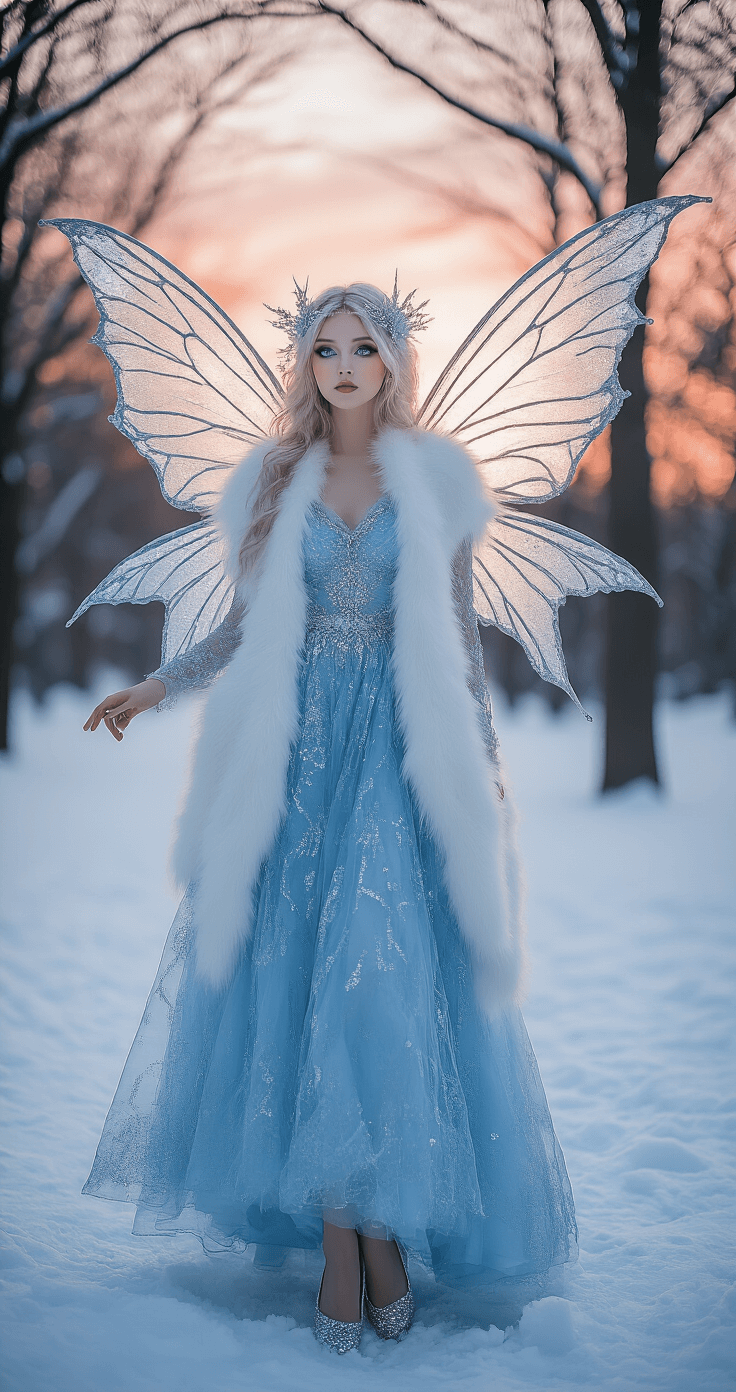 Magical Fairy Halloween Costumes: Your Ultimate Guide to Enchanting Looks Model in an icy blue dress with silver sequins and crystalline wings poses in a snowy park at twilight, adorned with a white faux fur stole and silver ballet flats, as soft pink and cool blue hues create a magical winter wonderland atmosphere.