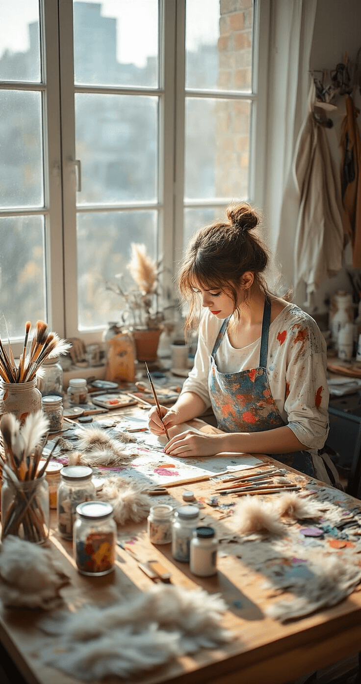 Creative workspace in a modern apartment, featuring a model crafting DIY cosplay props with afternoon sunlight streaming through large windows. The scene includes a wooden desk cluttered with craft supplies, feathers, paint brushes, and costume accessories, while the model, wearing a paint-splattered apron and casual dress, focuses on detailed work amid mason jars and fabric swatches. Aerial shot captures the artistic mess and dedication to the craft.