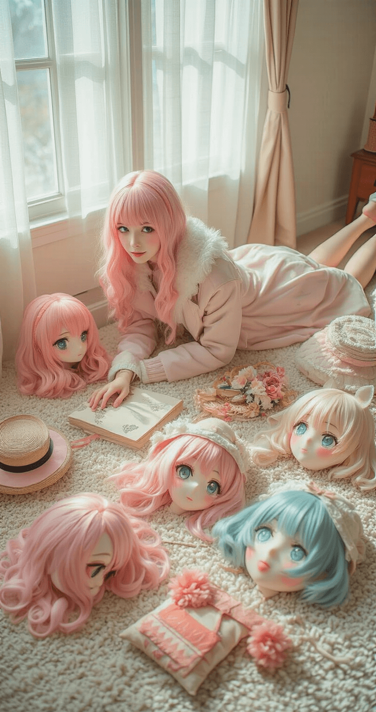 A young woman lays out various seasonal cosplay outfits on a plush carpet, featuring pink wigs, winter coats, summer party items, and vintage pastel accessories, illuminated by natural light from a window, captured from an overhead perspective.