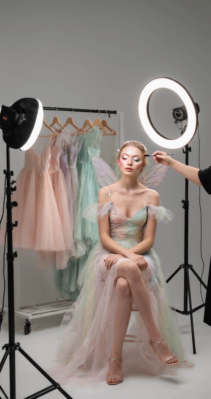 Magical Fairy Halloween Costumes: Your Ultimate Guide to Enchanting Looks A model sits in a minimalist studio, receiving fairy makeup with glittery eyeshadow and soft blush. A costume rack displays pastel fairy dresses, while professional lighting from ring lights and softboxes enhances the scene. The image captures a behind-the-scenes moment of the transformation process, highlighting magical details.