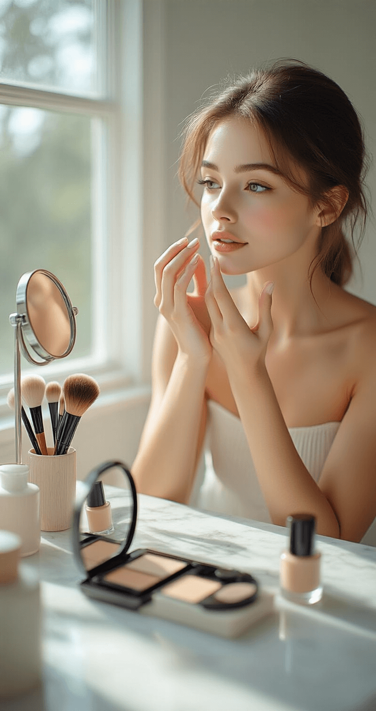 Close-up shot of a young woman applying pale foundation at a minimalist vanity, with natural window light illuminating her delicate hands blending makeup on clean skin. The organized white marble surface features cosmetics and brushes, while soft morning light creates gentle shadows, highlighting her flawless skin preparation.