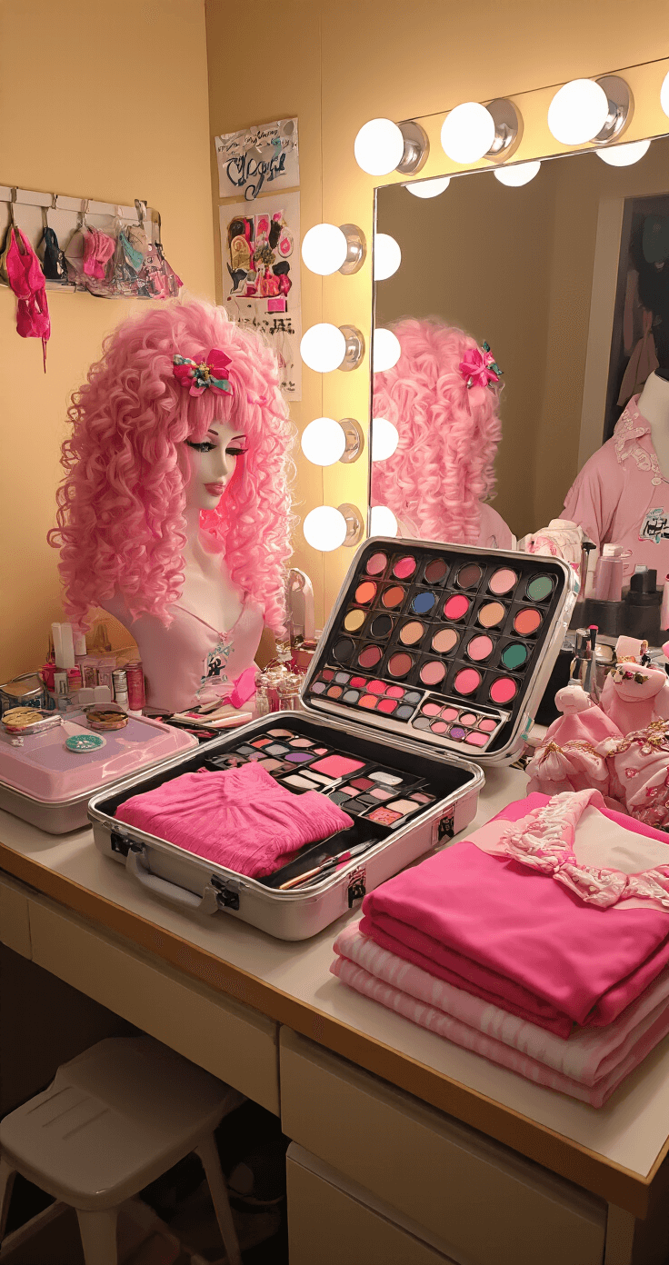 A flat-lay view of a well-lit dressing room showcasing a fashion enthusiast's organized cosplay kit, featuring a curly pink wig in a travel case, neatly folded pink garments, a collection of party accessories, and a makeup bag filled with colorful cosmetics, all under warm ambient lighting.