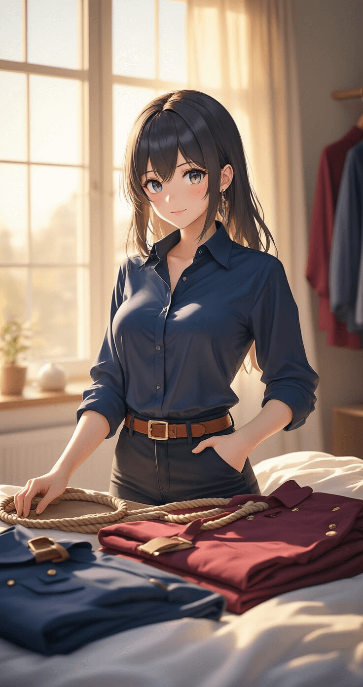A stylish female anime enthusiast organizes her cosplay wardrobe in a modern bedroom during golden hour. She wears a navy blue high-collar shirt and dark fitted pants, surrounded by neatly arranged rope belts and soft cotton fabrics in a burgundy and navy color palette. The warm lighting creates an inviting atmosphere that highlights her fashion-forward styling choices.