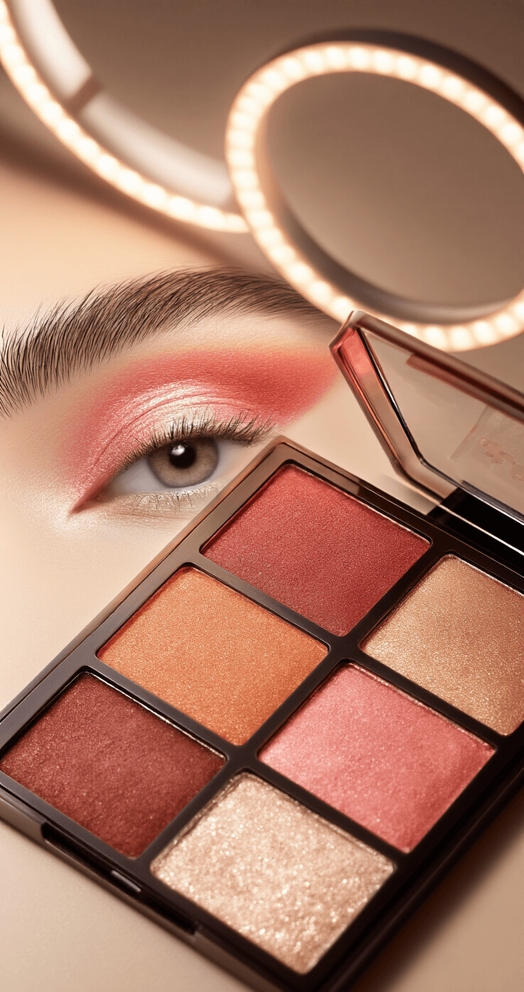 Macro shot of reddish-brown and pink eyeshadow blend on closed eyelids, showcasing seamless color transitions and texture, with a high-end eyeshadow palette nearby.